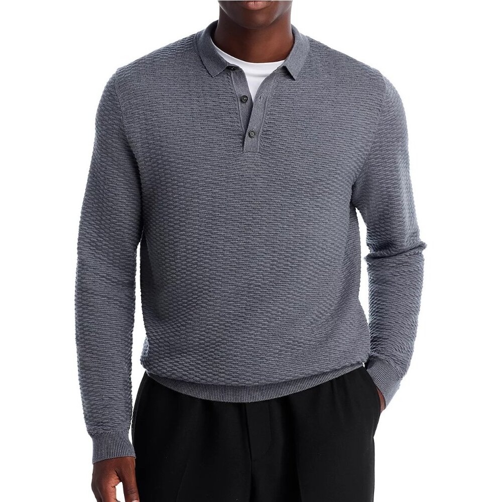 Hugo Boss Men's Long Sleeve BOSS Diluigi Textured Wool Knit Polo Sweater Grey